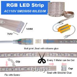 100M SMD 5050 RGB LED Strip Lights Waterproof IP65 Kitchen Rope Lamp AC 110V