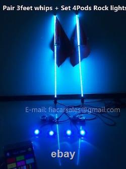 2PCS 3FT RGB Color changing LED Whip Lights + 4PCS RGB LED Rock Lights Sync Kit