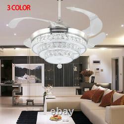 42 Crystal Ceiling Fan with Retractable Blades 3 Color Change LED Fan Light