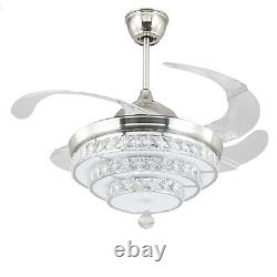 42 Crystal Ceiling Fan with Retractable Blades 3 Color Change LED Fan Light