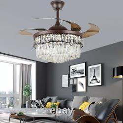 42 LED 3-Color Change Ceiling Fan Light Retractable Blades Crystal Chandelier