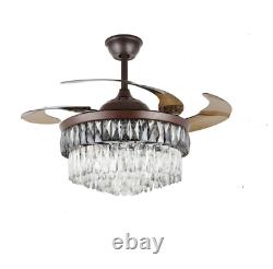 42 LED 3-Color Change Ceiling Fan Light Retractable Blades Crystal Chandelier