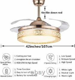 42 Remote Control LED Ceiling Fan Light 3Color Change Retractable Blades