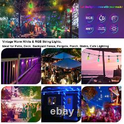 48/96FT Outdoor Color String Light Smart Patio Lights Dimmable Bulbs 2.4GHz WiFi