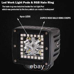 4pcs/Set 96W Offroad Led Work Light Spot Cube Pods RGB Halo Color Change Chasing