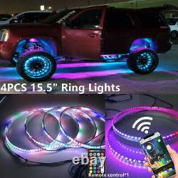 4x 15.5 IP68 RGB Color Changing Bluetooth LED Wheel Rings Lights Rim Follow