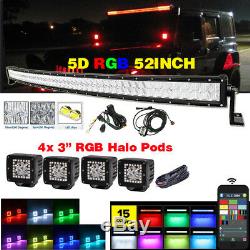 52 5D RGB LED Light Bar Curved + 4x 3'' Halo Pods Offroad Driving 4X4 4WD UTE