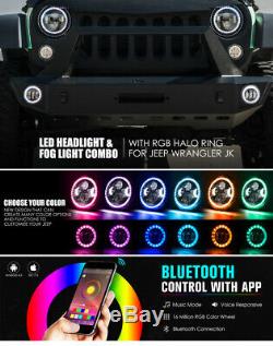 7 90W LED Headlight & Fog Light With RGB Halo Combo For 07-18 Jeep Wrangler JK
