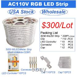 AC 110V 5050 RGB LED Strip Outdoor Flexible Waterproof Lights US Plug Controlle