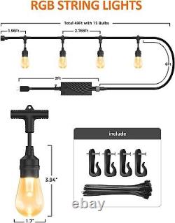 IP65 Waterproof 49Ft Patio Lights with Smart App & Voice Control 15 LED Bulbs