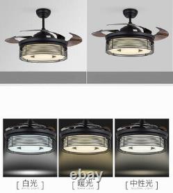 Modern Remote 42Invisible Ceiling Fan Light LED 3-Color Change Chandelier Black