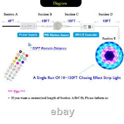 Motion-Activated PIR Sensor 10150FT Chasing Effect RGBIC LED Strip Light 12V