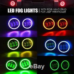 Muti-Color 7 RGB LED Halo Headlights Fog Light Combo Kit for Jeep Wrangler JK