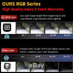 Pair 48W Led Work Light Bar 3X3 Spot Pods RGB Halo Color Changing Chasing Kits