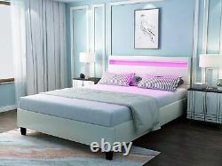 Queen Size Upholstered LED Bed Frame, 8 Color Changing Lights Headboard, White