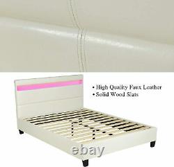 Queen Size Upholstered LED Bed Frame, 8 Color Changing Lights Headboard, White