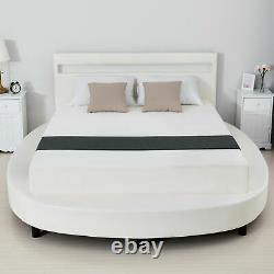 Round Queen Size LED Bed Frame 8 Color Changing LED Light withUpholstered, White