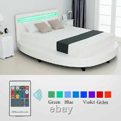 Round Queen Size LED Bed Frame 8 Color Changing LED Light withUpholstered, White
