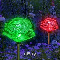 Set of 2 Solar Powered Rose Flower Yard Garden Stake Color Changing LED Light