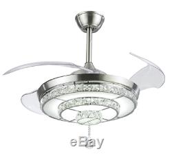 Silver 42 Invisible Ceiling Fan Light LED 3-Color Change Crystal Chandelier