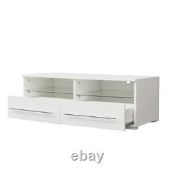 White TV cabinet has two drawers with dual end color-changing LED light strip